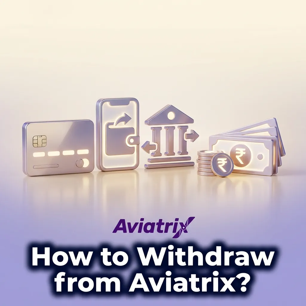 Illustrated Aviatrix withdrawal steps: verify account, open cashier, choose method, enter amount, submit, and receive funds