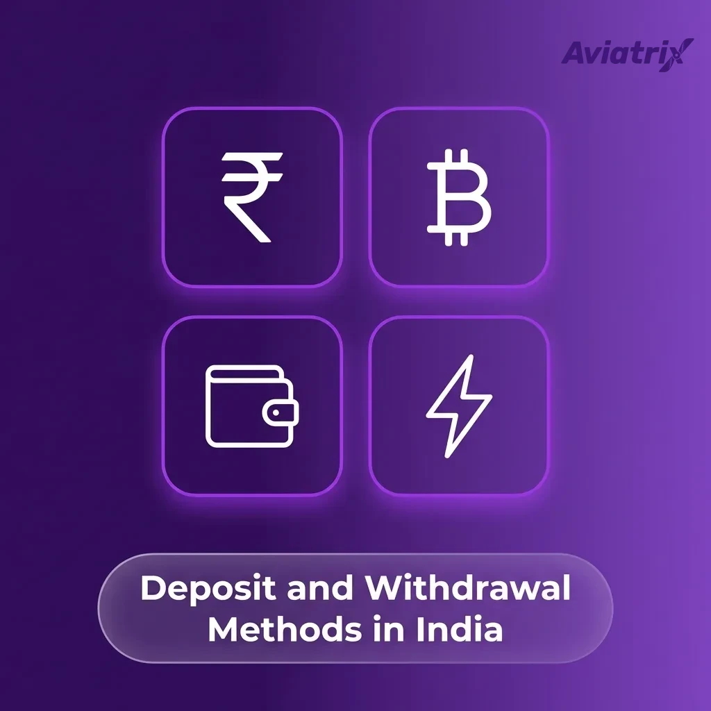 Graphic showing Indian Aviatrix casino payment methods: UPI, PayTM, PhonePe, cards, bank, wallets, and crypto icons