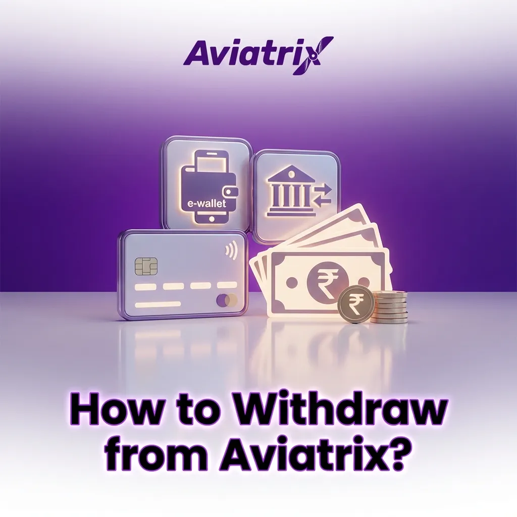 Illustrated Aviatrix app screen showing withdrawal steps: KYC, select method, enter rupees, confirm, and wait for approval