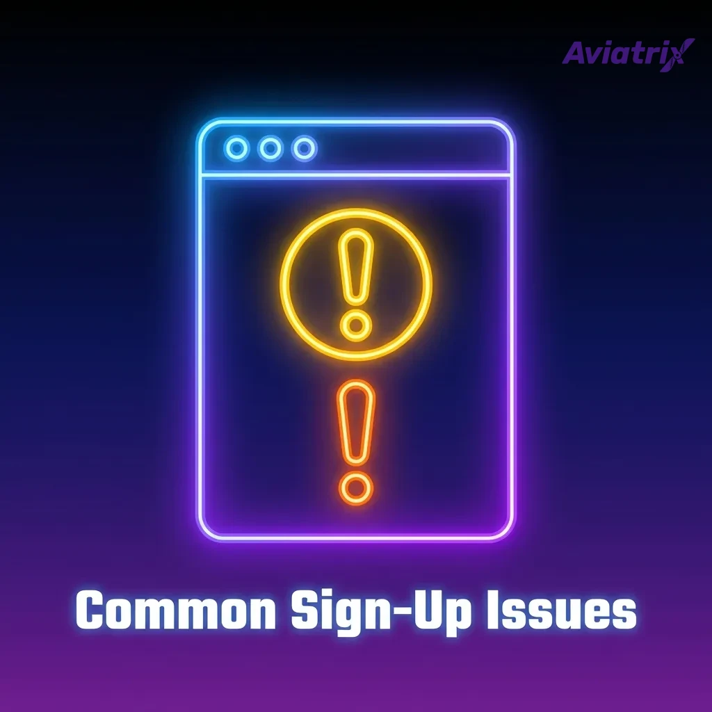 Illustrated list of common Aviatrix sign‑up issues with brief troubleshooting tips for each problem