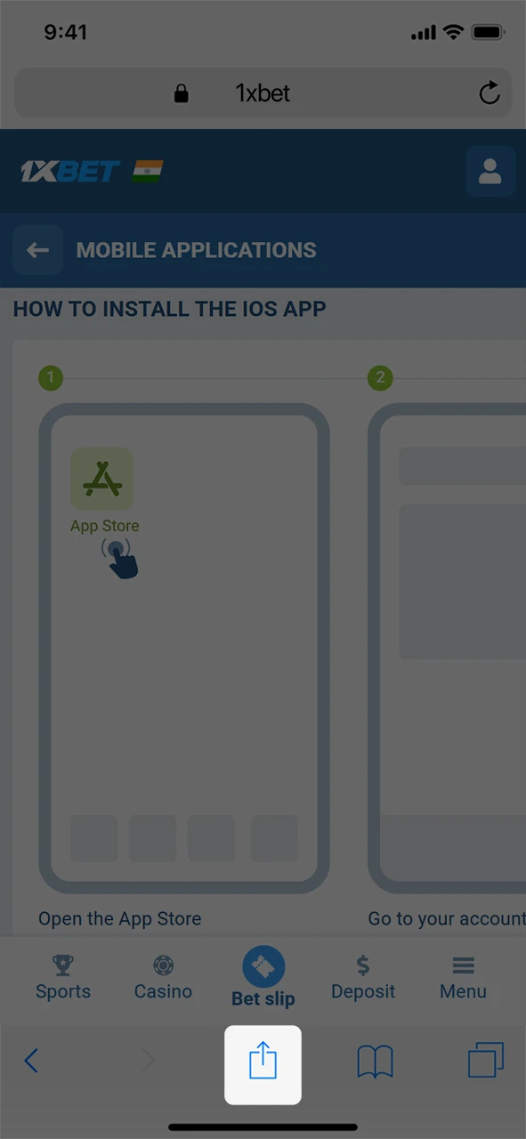 Tap the share icon to get the 1xBet Aviatrix iOS web app.