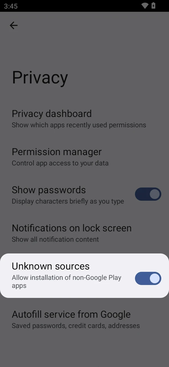 Enable unknown sources to finish the Aviatrix Android setup process.