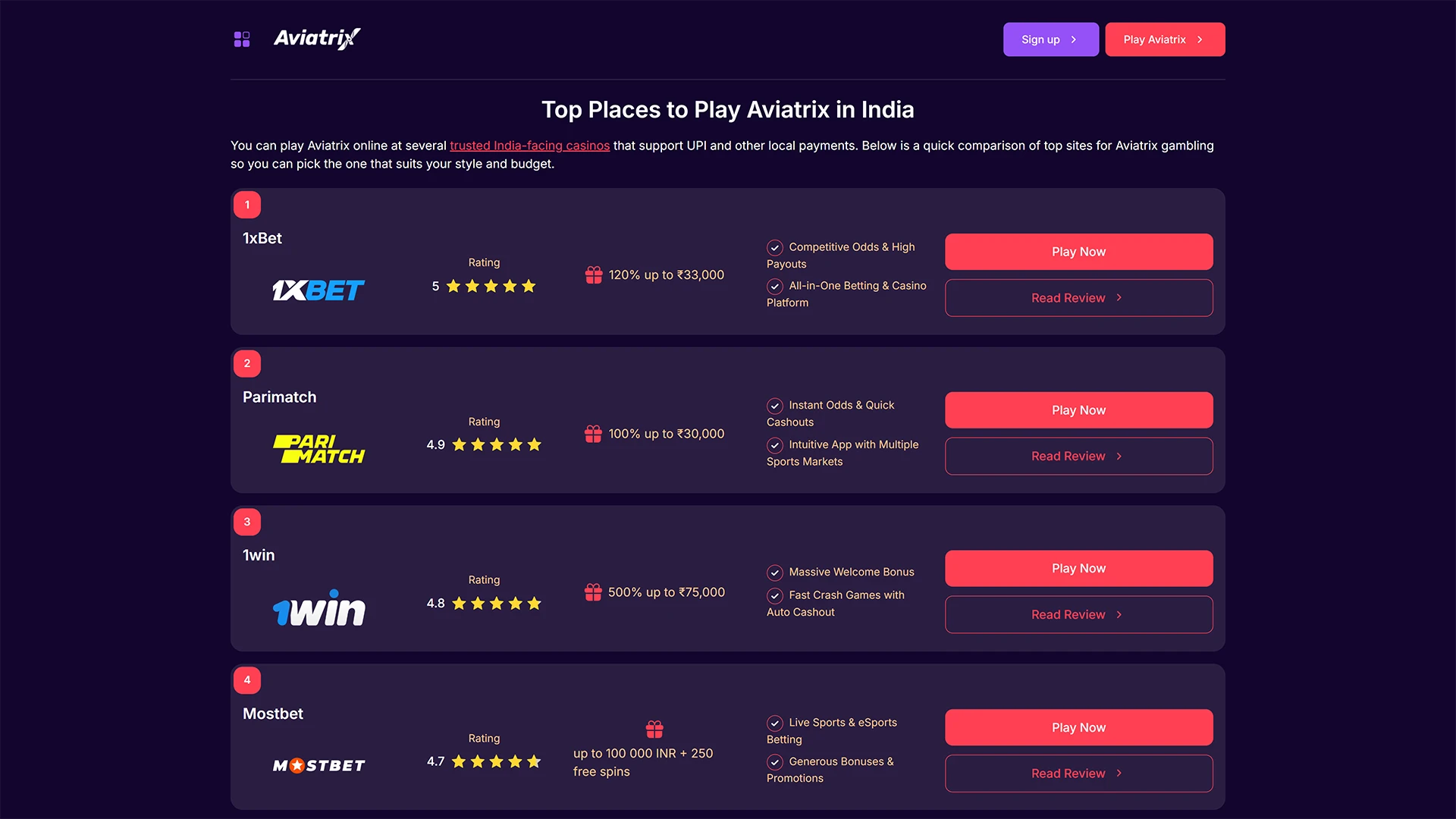 Select a reliable platform on our site to play Aviatrix.